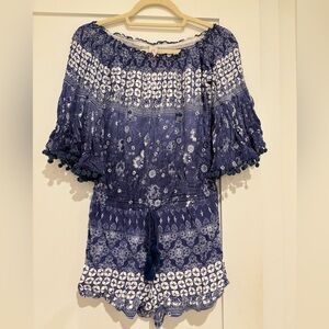 RAGA Navy and White Smocked Off-Shoulder Top